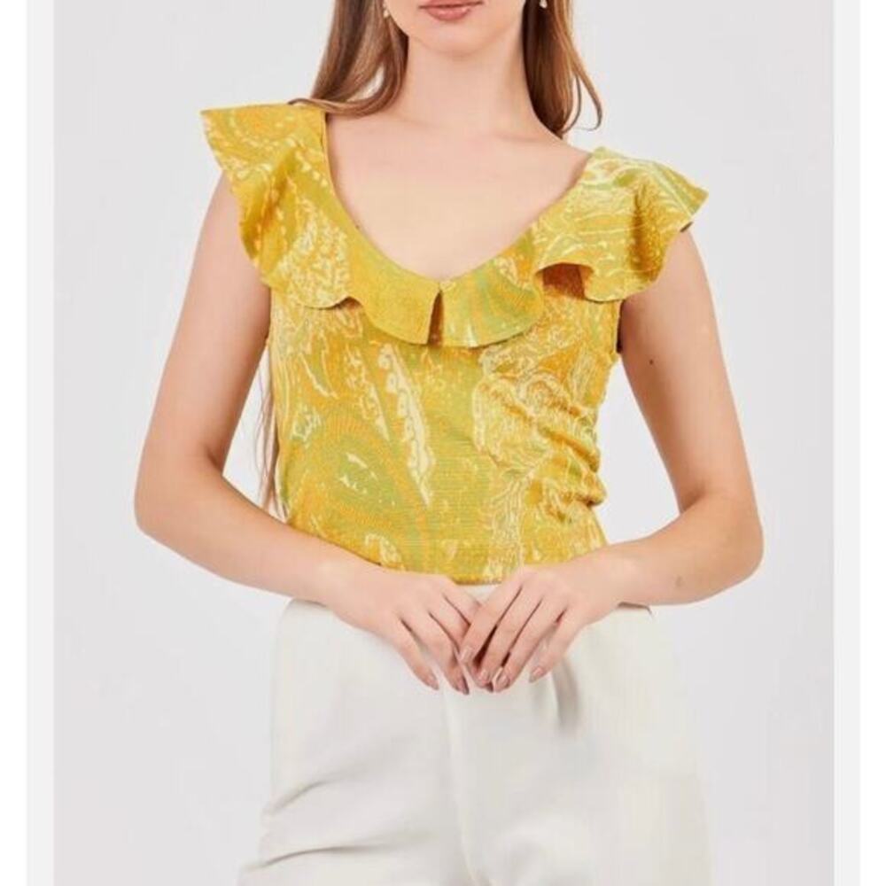 Zara Crop Top V-Neck‎ Print Paisley Ruffle Yellow Green Size Medium NWT